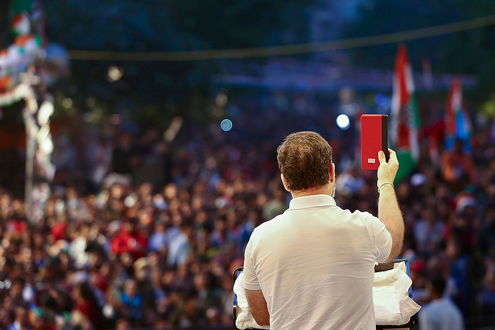 | Photo: AICC via PTI  : Rahul Gandhi addresses a public meeting at Patparganj