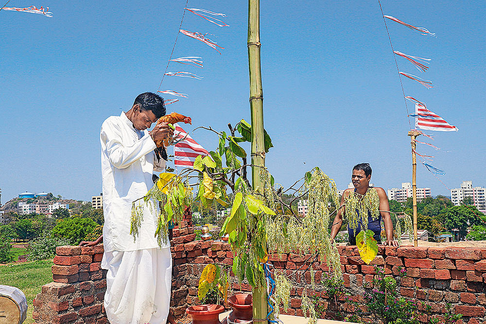 | Photo: shutterstock : Contested Claim: A man worshipping in a Sarna Sthal during Sarhul Pooja in Jharkhand