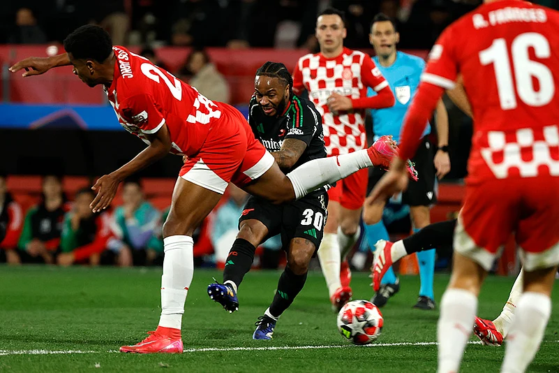 UEFA Champions League soccer Girona Vs Arsenal match photo: Raheem Sterling