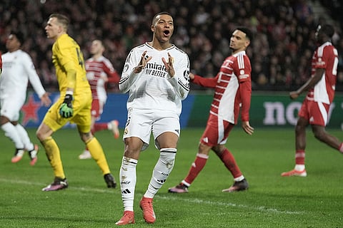 Champions League 2024-25: Real Madrid's Kylian Mbappe reacts after missing a scoring chance