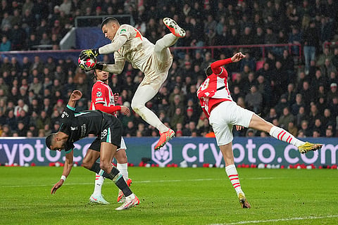 Champions League 2024-25: PSV's goalkeeper Walter Benitez saves over Liverpool's Cody Gakpo