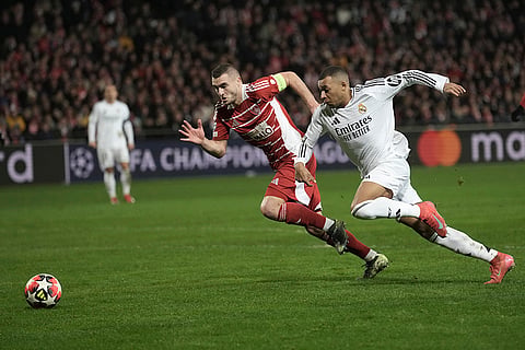 Champions League 2024-25: Brest's Brendan Chardonnet views for the ball with Real Madrid's Kylian Mbappe