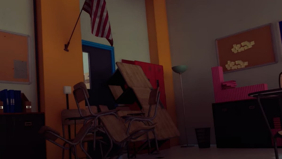 A still from the video game shows desks and chairs stacked up against the door to block the shooter's entry.  - | Photo: The Final Exam/Youtube