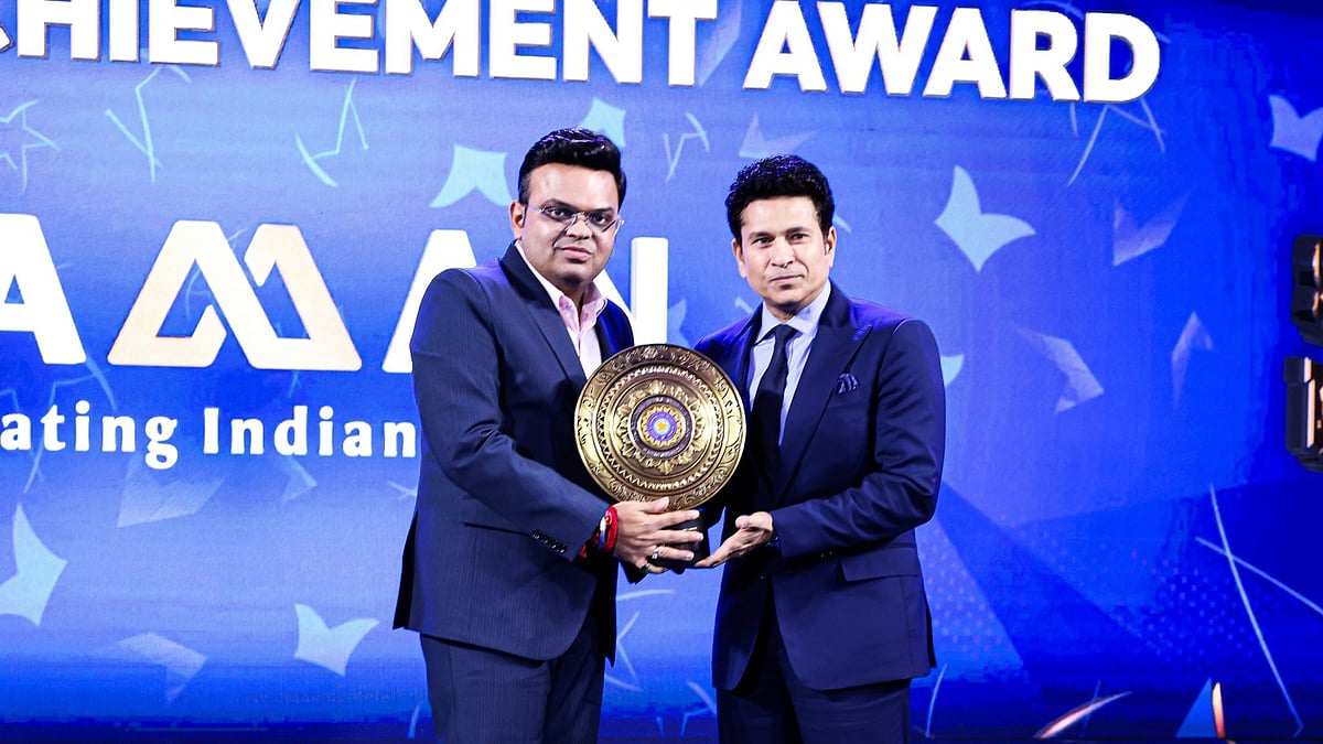 Photo: X | Sachin Tendulkar : Sachin Tendulkar receives Colonel CK Nayudu Lifetime Achievement Award from ICC Chairman Jay Shah.
