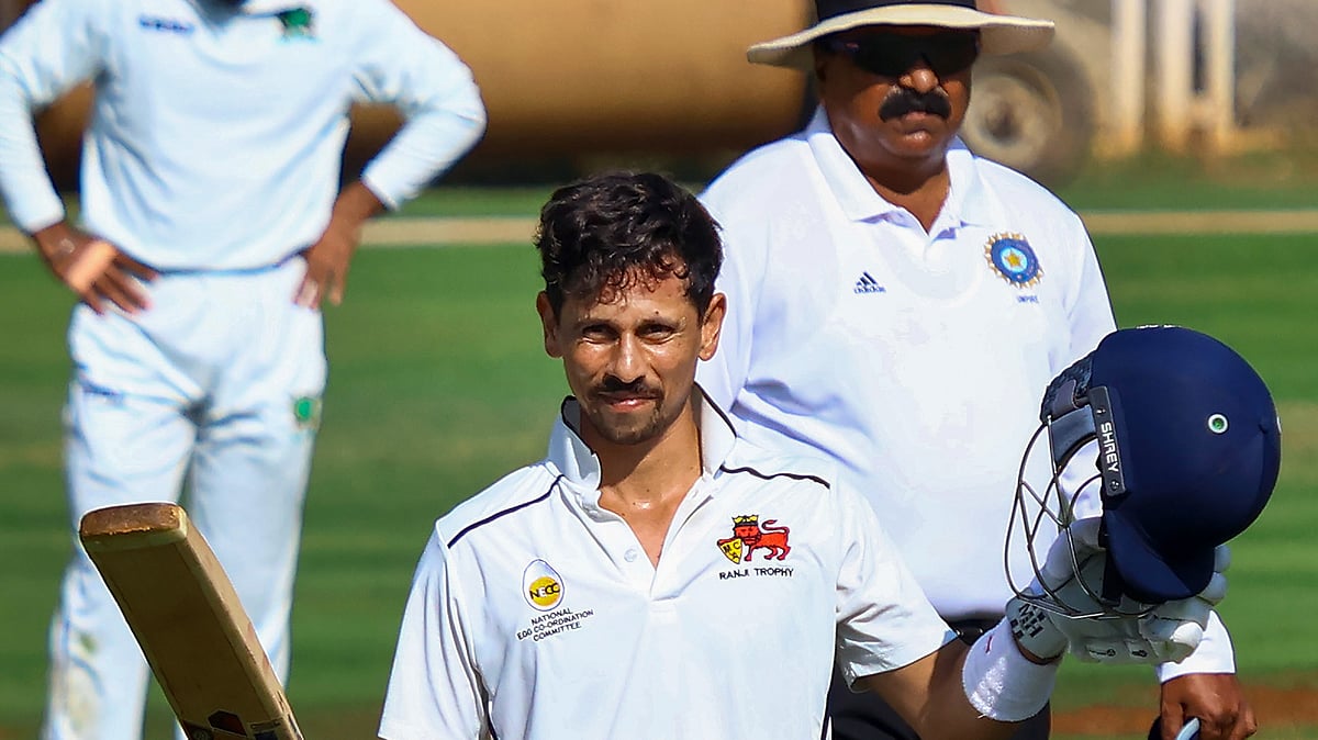 PTI : Mumbai's batter Siddesh Lad celebrates his century during the Ranji Trophy 2024-25 cricket match between Mumbai and Meghalaya, in Mumbai.