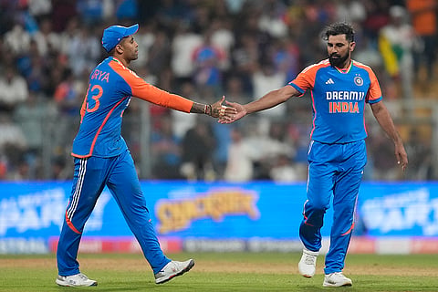 IND vs ENG 5th T20I: India's captain Suryakumar Yadav, and Mohammed Shami celebrates the wicket of England's Adil Rashid 