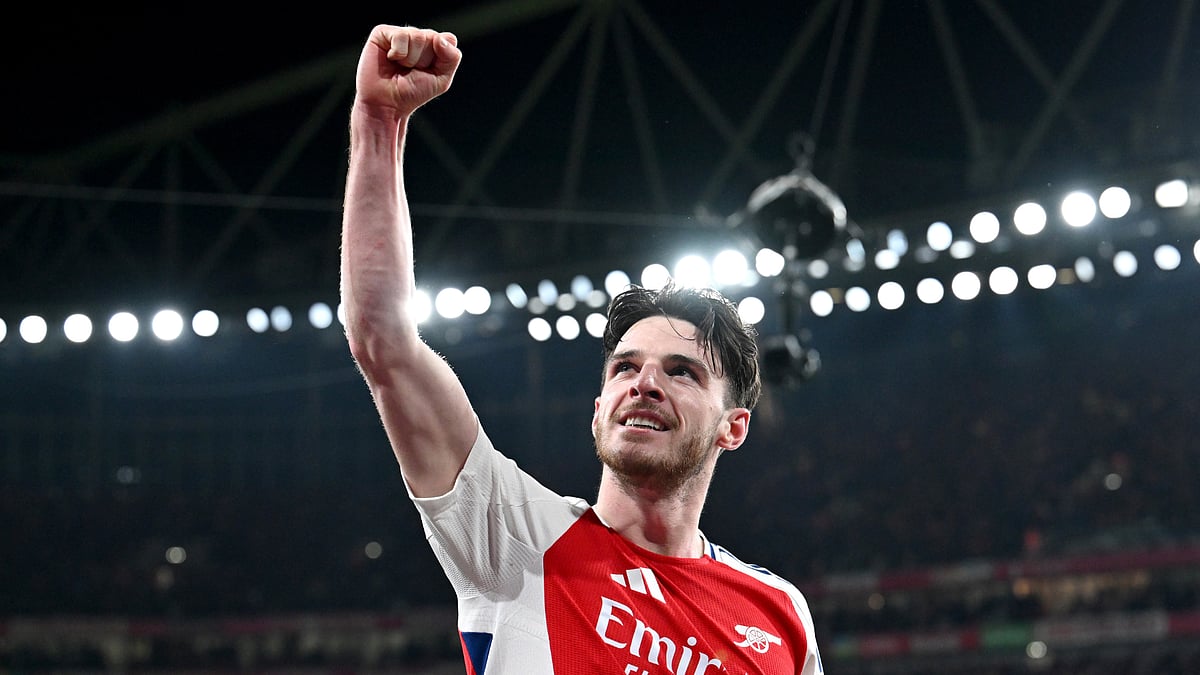 Declan Rice celebrates Arsenal's 5-1 win over Manchester City