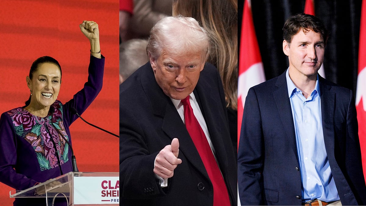 | Photo: AP : L to R - Mexican President Claudia Sheinbaum, US President Donald Trump, Canada PM Justin Trudeau