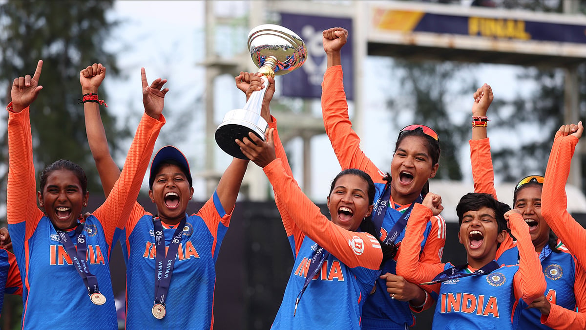 Photo: X | T20 World Cup : Indian team players posing with the ICC Under-19 Women T20 World Cup 2025 trophy.