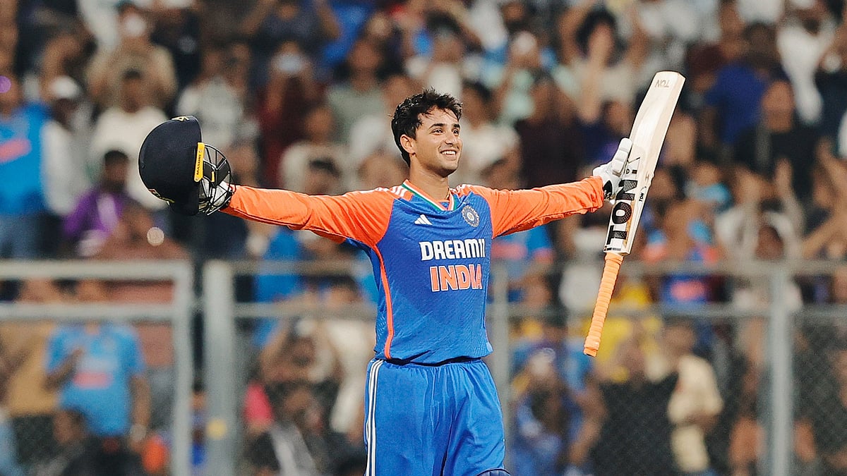 X/BCCI : Abhishek Sharma celebrates his century.