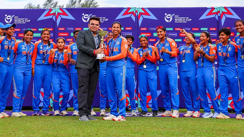 ICC chairman Jay Shah presents the Under-19 Womens T20 World Cup to the Indian team