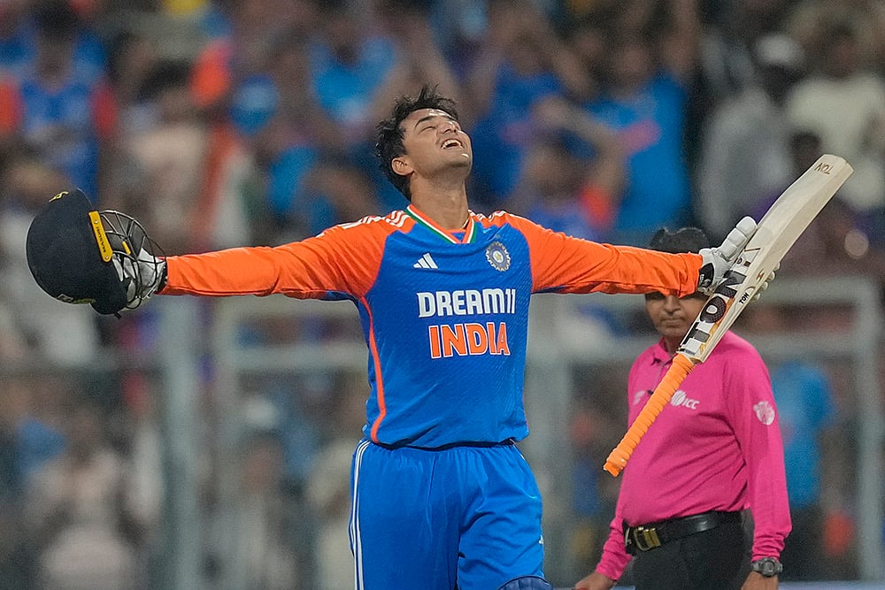| Photo: AP/Rafiq Maqbool : IND vs ENG 5th T20I: India's Abhishek Sharma celebrates after scoring a century