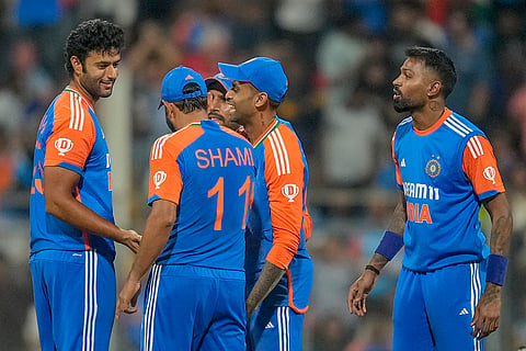 IND vs ENG 5th T20I: India's Shivam Dube, left, celebrates after the dismissal of England's Phil Salt