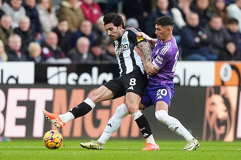 English Premier League 2024-25: Newcastle United's Sandro Tonali and Fulham's Sasa Lukic battle for the ball