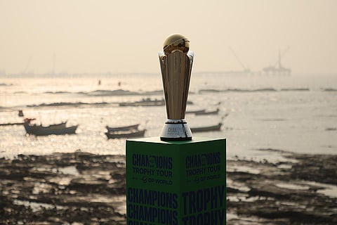 The trophy of ICC Men’s Champions Trophy 2025 during Trophy Tour with DP World in India
