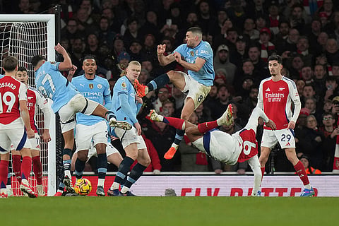 English Premier League 2024-25: Arsenal's Gabriel (6) attempts a shot on goal