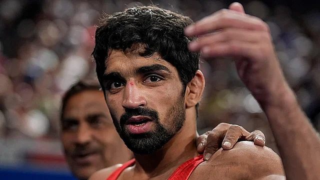 Aman Sehrawat after winning his bronze medal bout at the Paris Olympics
