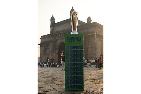 The trophy of ICC Men’s Champions Trophy 2025 at the Gateway of India during Trophy Tour with DP World in India