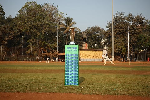 The trophy of ICC Men’s Champions Trophy 2025 at the Shivaji Park during Trophy Tour with DP World in India