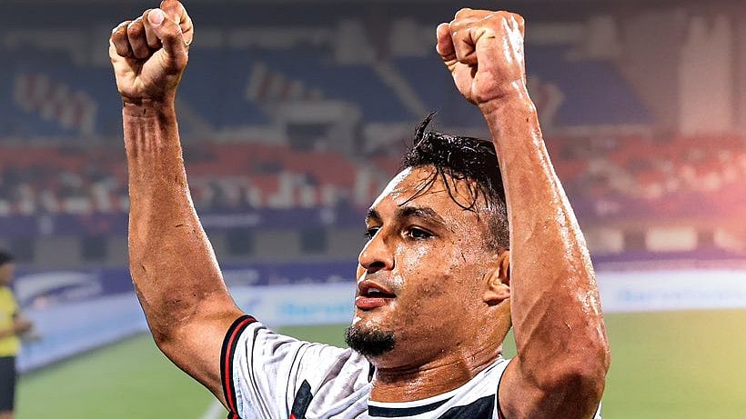 X | Odisha FC  : Alaaeddine Ajaraie celebrates goal in the Odisha Fc vs NorthEast United FC, ISL 2024-25 match.
