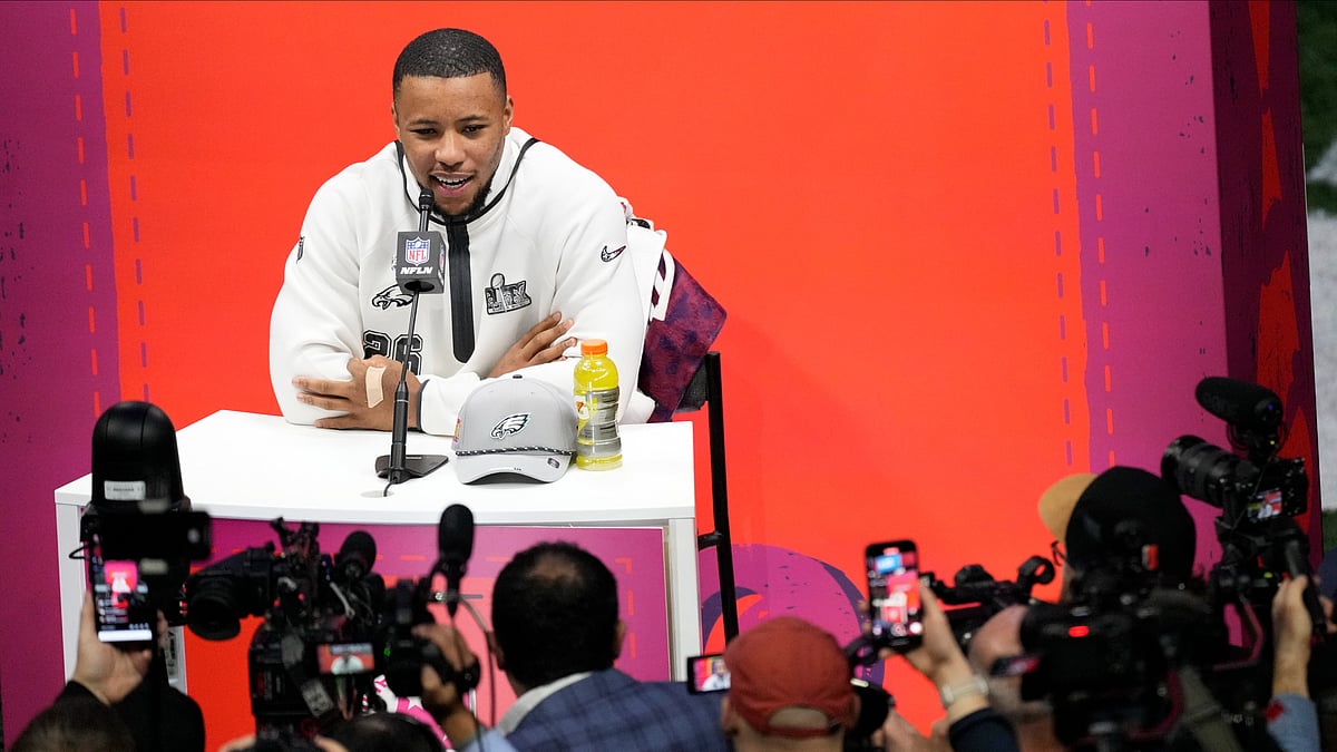  (AP Photo/Godofredo A. Vásquez) : Philadelphia Eagles running back Saquon Barkley participates during Super Bowl 59 Opening Night, Monday, Feb. 3, 2025, in New Orleans, ahead of the NFL football game between the Philadelphia Eagles and the Kansas City Chiefs Sunday.