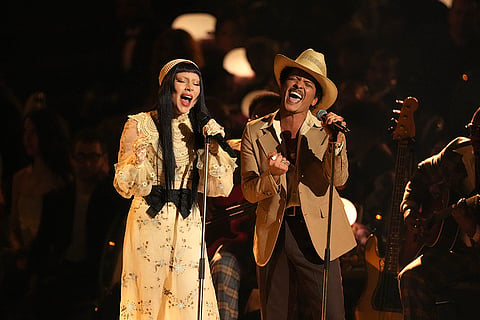 Lady Gaga, left, and Bruno Mars