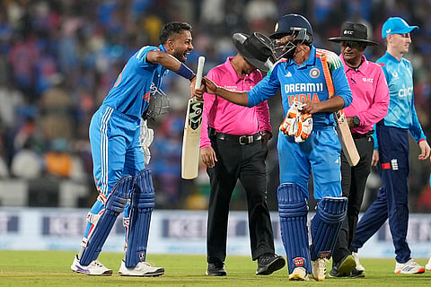 IND Vs ENG 1st ODI: India's Hardik Pandya shares a laugh with batting partner Ravindra Jadeja
