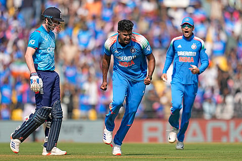 IND Vs ENG 1st ODI: India's Harshit Rana celebrates the dismissal of England's Harry Brook