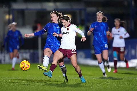 Women's League Cup Semi-Final: Chelsea's Sjoeke Nusken and West Ham United's Katrina Gorry battle for the ball 