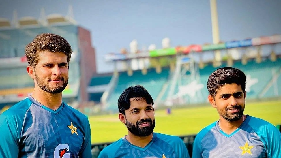 Photo: File : Pakistan cricketers Shaheen Shah Afridi (L), Mohammad Rizwan (M) and Babar Azam (R). 