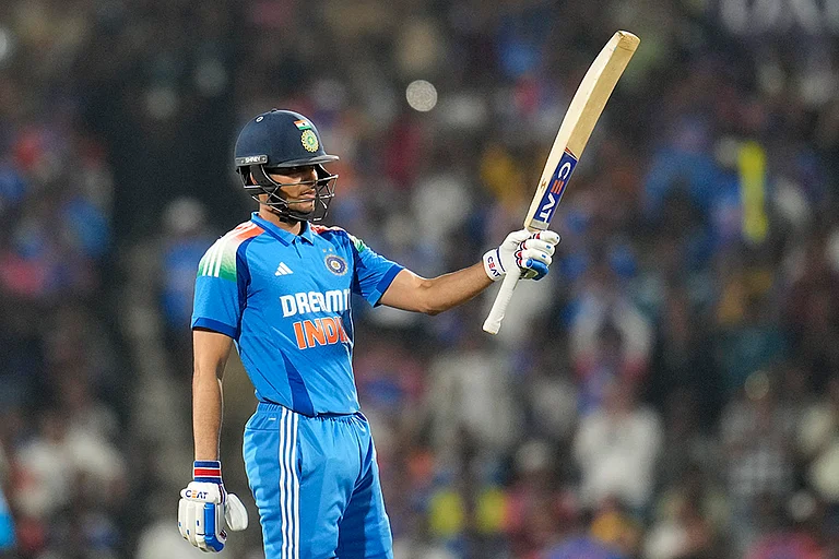 India's Shubman Gill celebrates after scoring fifty runs - | Photo: AP/Aijaz Rahi