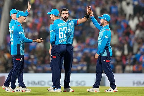 IND Vs ENG 1st ODI: England's Saqib Mahmood celebrates after the dismissal of India's Shubman Gill