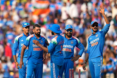 IND Vs ENG 1st ODI: India's Mohammed Shami celebrates with teammates after the dismissal of England's Brydon Carse