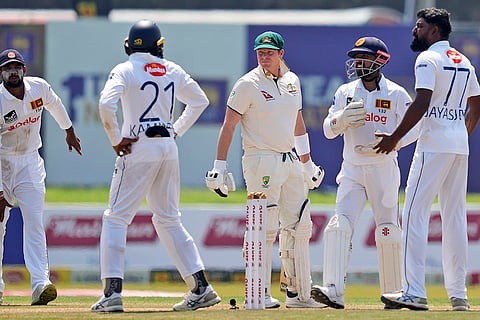 SL Vs AUS 2nd Test Day 2: Sri Lanka's Prabath Jayasuriya, right, and others appeal for the wicket of Steven Smith