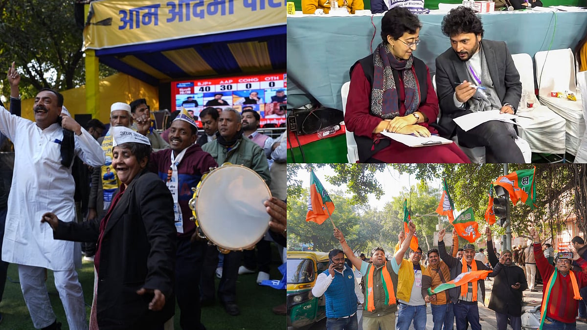 | Photo: Vikram Sharma For Outlook India / PTI : BJP HQ Celebrates As Early Trends Show NDA Lead