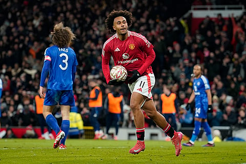 FA Cup: Man United's Joshua Zirkzee, centre, celebrates after scoring his side's first goal 