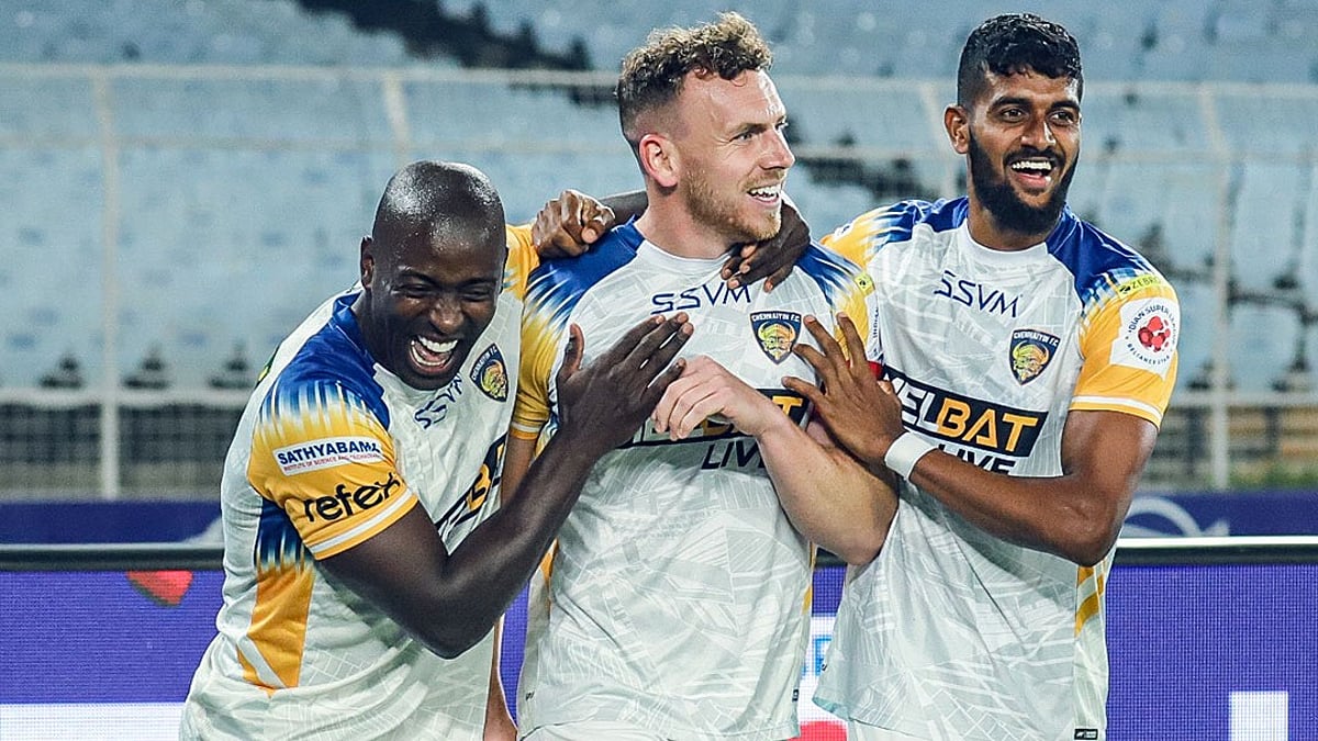 Chennaiyin FC celebrate a goal against East Bengal in the Indian Super League.