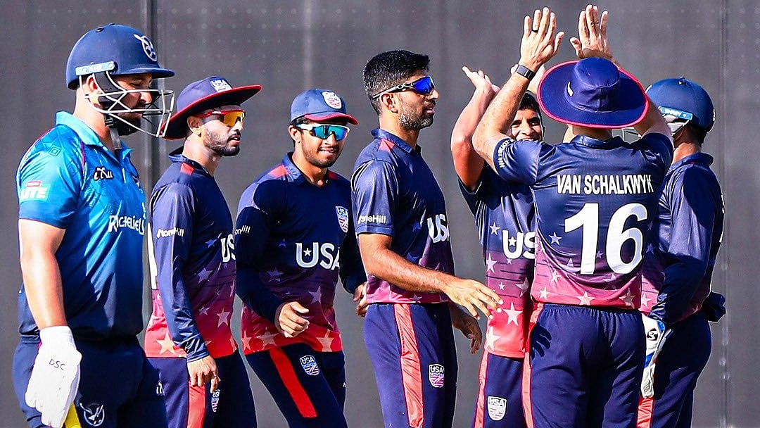 United States of America celebrate a Namibia wicket.