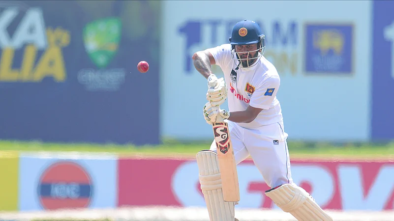 Sri Lankas Dimuth Karunaratne plays a shot. AP Photo