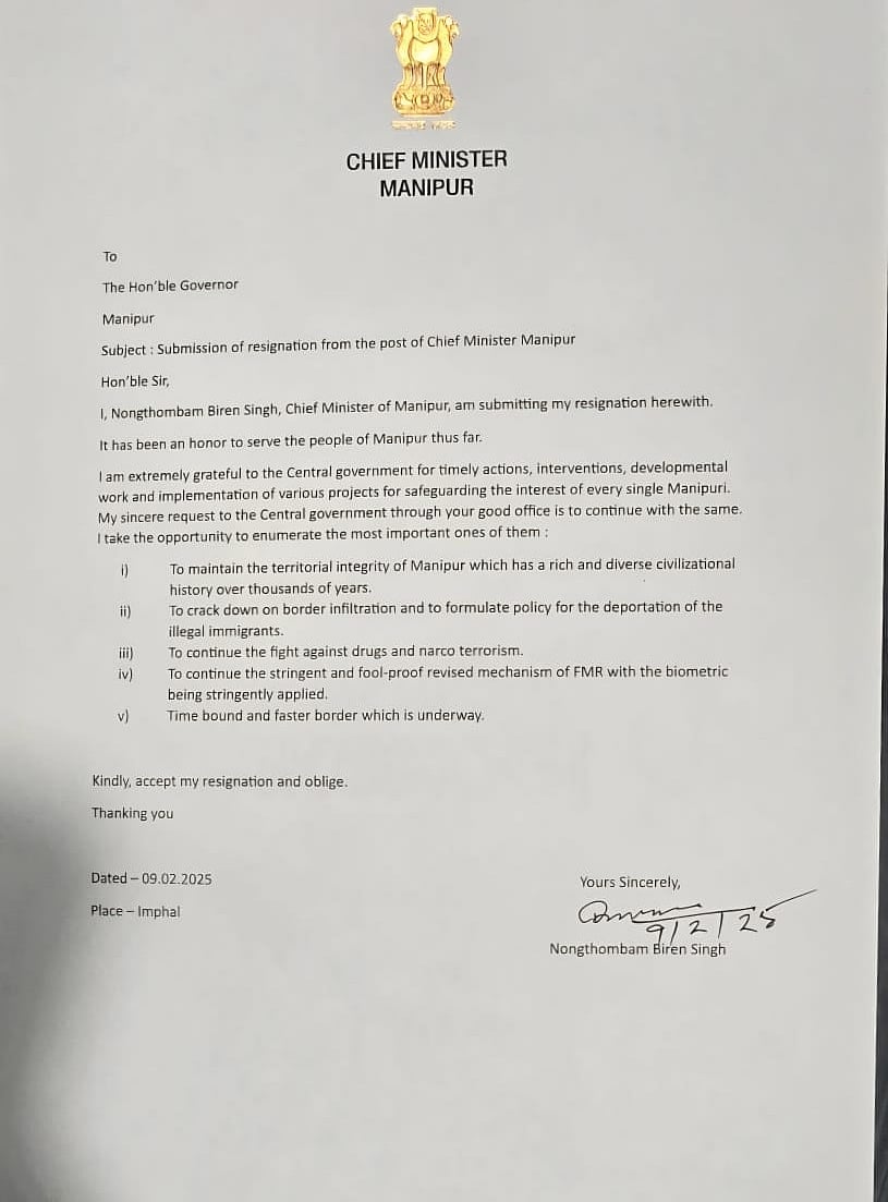 Manipur CM Biren Singh resignation letter.