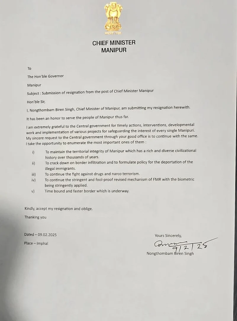 Manipur CM Biren Singh resignation letter.