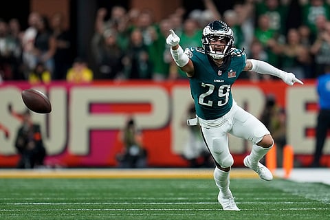 Super Bowl LIX, Eagles vs Chiefs: Eagles defensive back Avonte Maddox (29) reacts after forcing an incomplete pass 