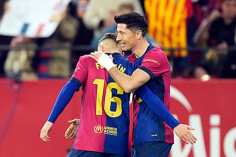 La Liga 2024-25: Robert Lewandowski congratulates Fermin Lopez after he scored their side's second goal