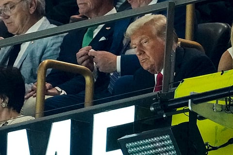 President Donald Trump watches play during the first half of the NFL Super Bowl 59 football game between the Kansas City Chiefs and the Philadelphia Eagles.