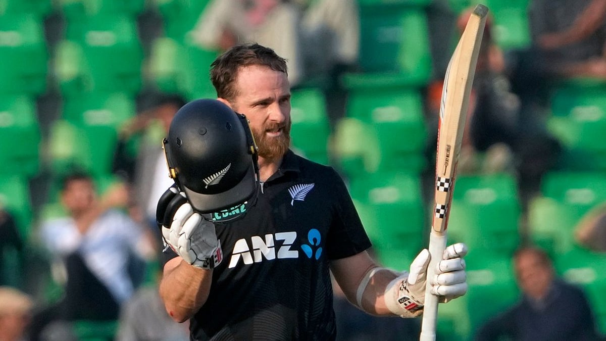Kane Williamson celebrates his century for New Zealand against South Africa.