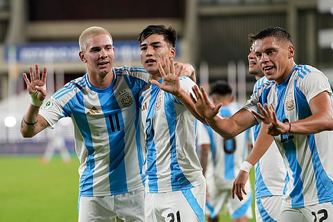 CONMEBOL U20 Championship: Argentina's Ian Subiabre celebrates with teammates after scoring his side's opening goal
