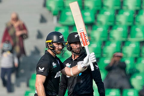 Pakistan Tri-Series Cricket Match 2, NZ Vs SA: New Zealand's Kane Williamson, left, celebrates after scoring fifty 