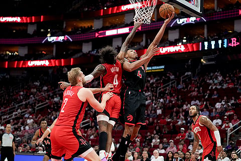 NBA 2024-25: Raptors forward Scottie Barnes drives to the basket