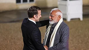 | Photo: Narendra Modi on X. : Modi Meets 'Friend' Macron in Paris