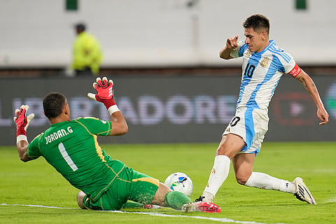 CONMEBOL U20 Championship: Argentina's Claudio Echeverri and Colombia's goalkeeper Jordan Garcia vie for the ball